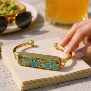 Turquoise Bar Wire Wrap Cuff w/ 14Kt Gold Over Copper – Adjustable & Unique